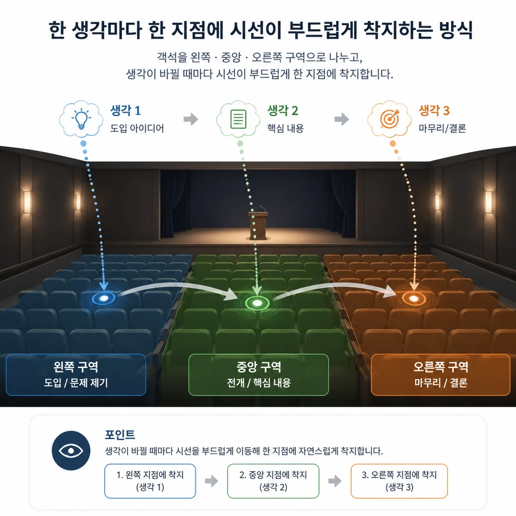 관객 구역별 시선 착지 다이어그램